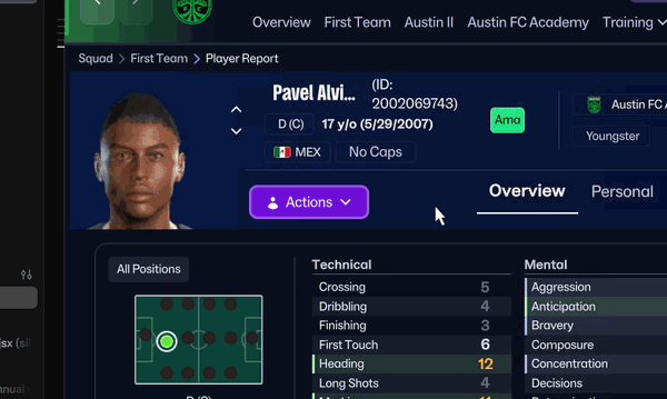 A Football Manager newgen's waxy default 3D face being replaced by a photorealistic FIZZOG cut-out face directly on his in-game profile