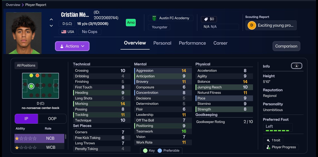 A FIZZOG-generated face shown on a young player's profile inside Football Manager 26