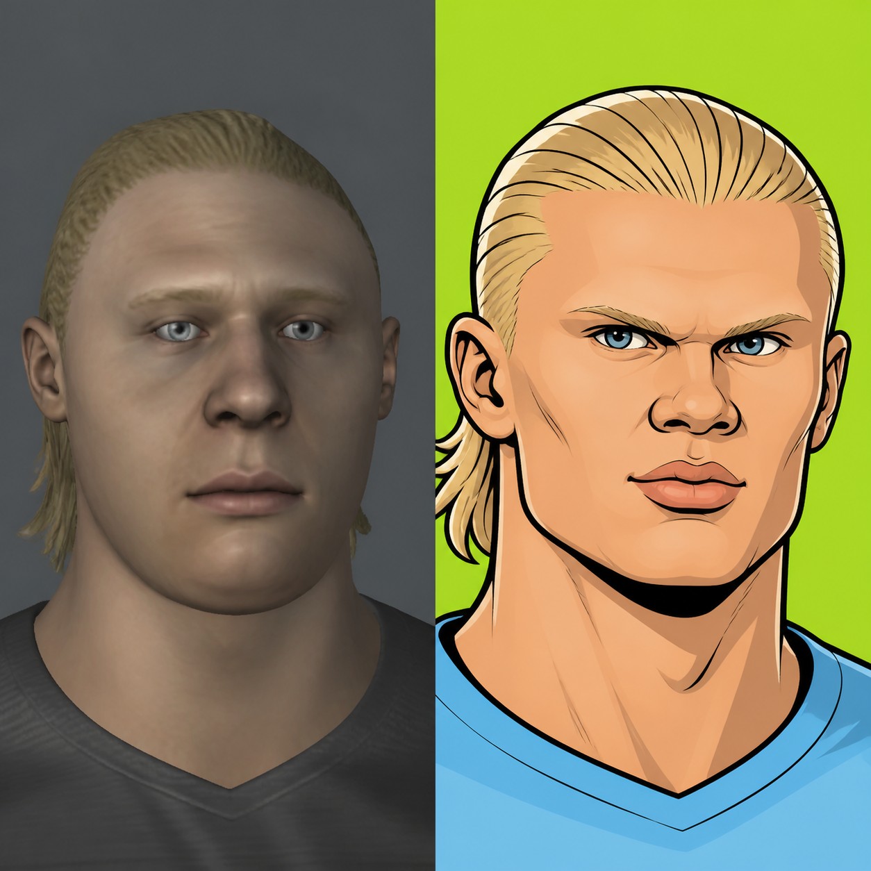 Left: Football Manager's default waxy 3D face for a famous striker. Right: a sharp, glowed-up version of the same player.