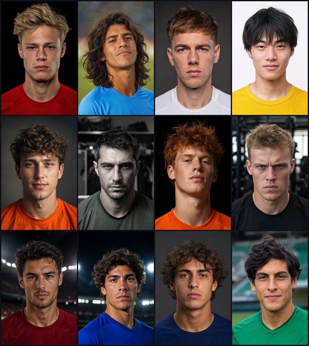 A grid of eight photorealistic AI-generated Football Manager faces: young players and a coach of varied nationalities and ages